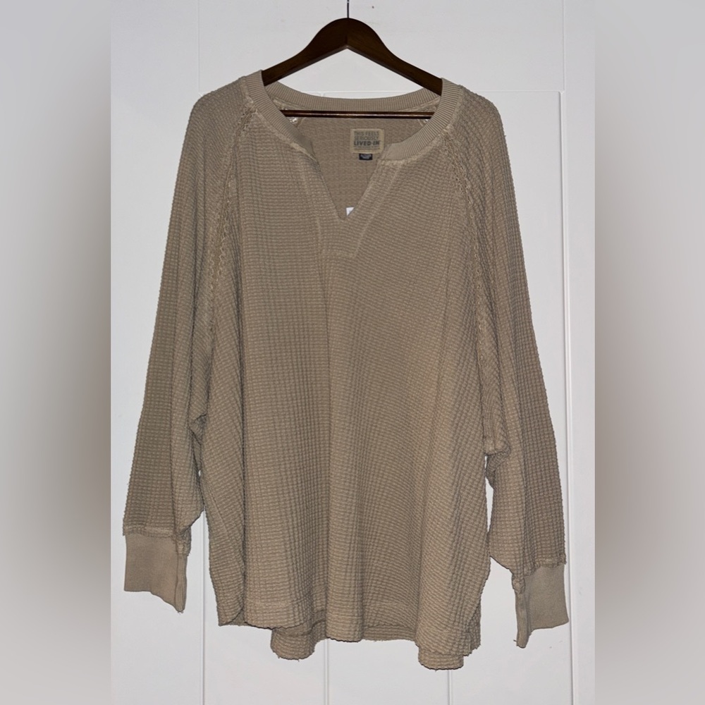 American Eagle Big Hug‎ Oversize Waffle Knit Thermal Tan Sweatshirt Women XL NEW